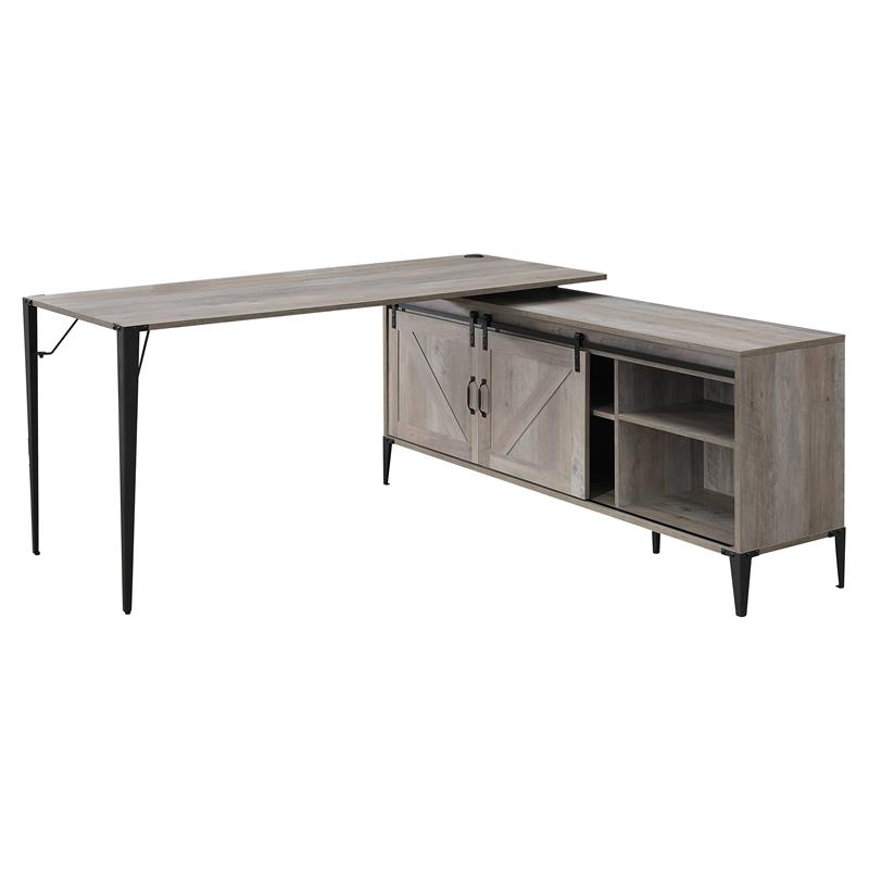 ACME Zakwani Wooden Storage Writing Desk with 2 Barn Doors in Gray Oak and Black