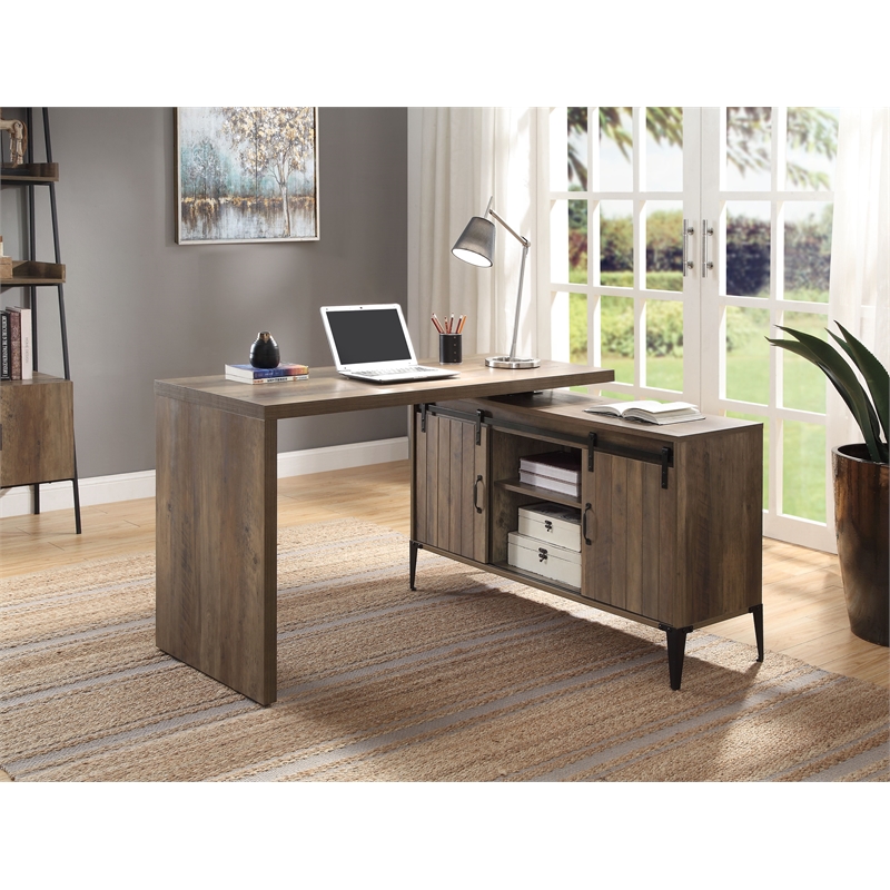 ACME Zakwani Wooden Storage Writing Desk in Rustic Oak and Black