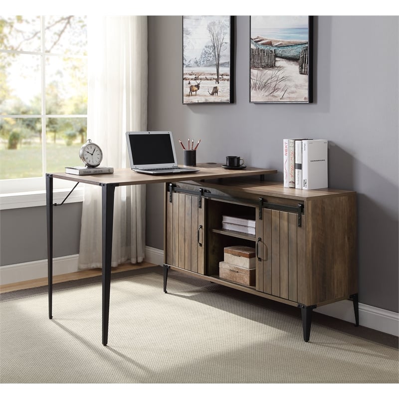 ACME Zakwani Wooden Writing Desk with USB in Rustic Oak and Black