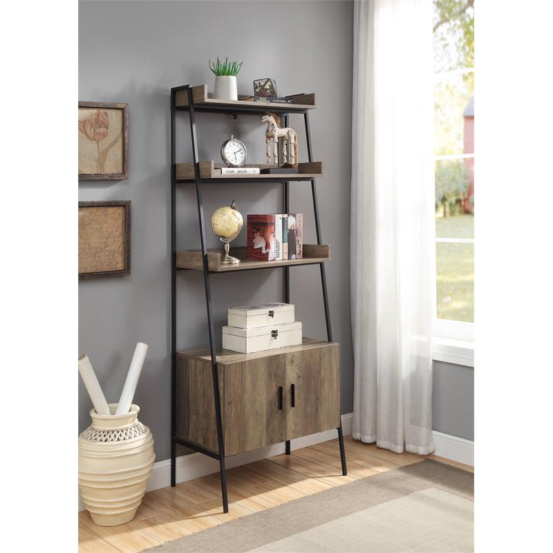 ACME Zakwani Wooden Ladder Bookshelf with Cabinet in Rustic Oak and Black
