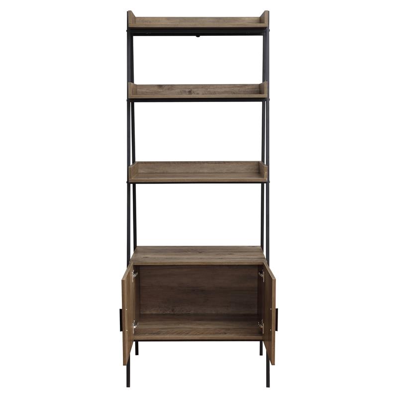 ACME Zakwani Wooden Ladder Bookshelf with Cabinet in Rustic Oak and Black