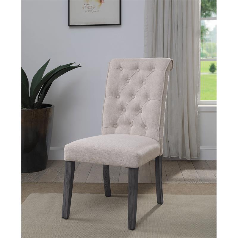 ACME Yabeina Linen Fabric Upholstery Side Chair in Beige and Gray Set of 2