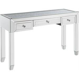 acme noralie glass rectangular console table with 3 storage drawers in mirrored