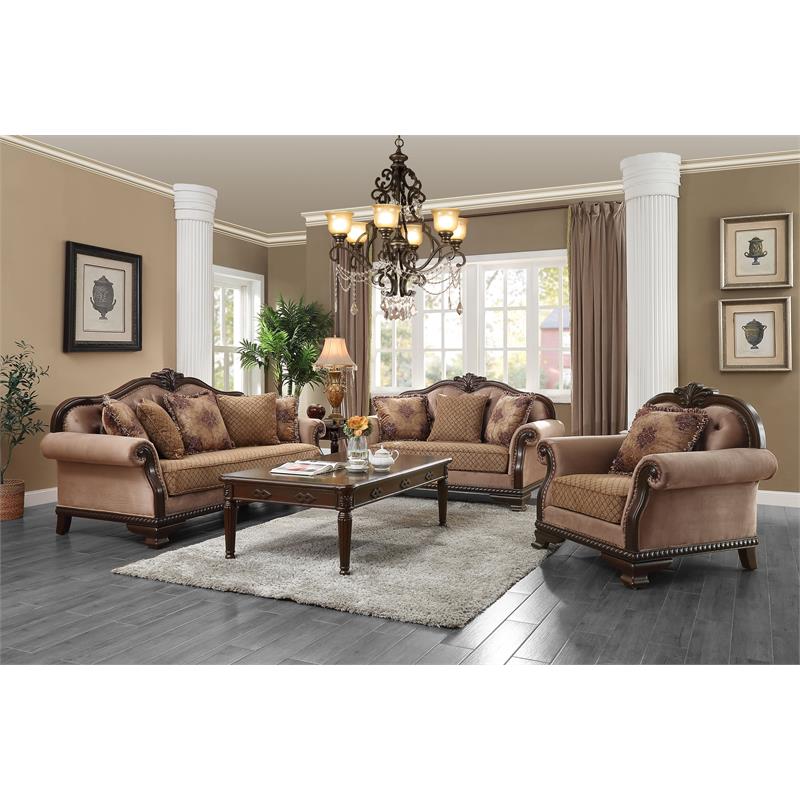 ACME Chateau De Ville Fabric Loveseat with 3 Pillows in Beige and Espresso