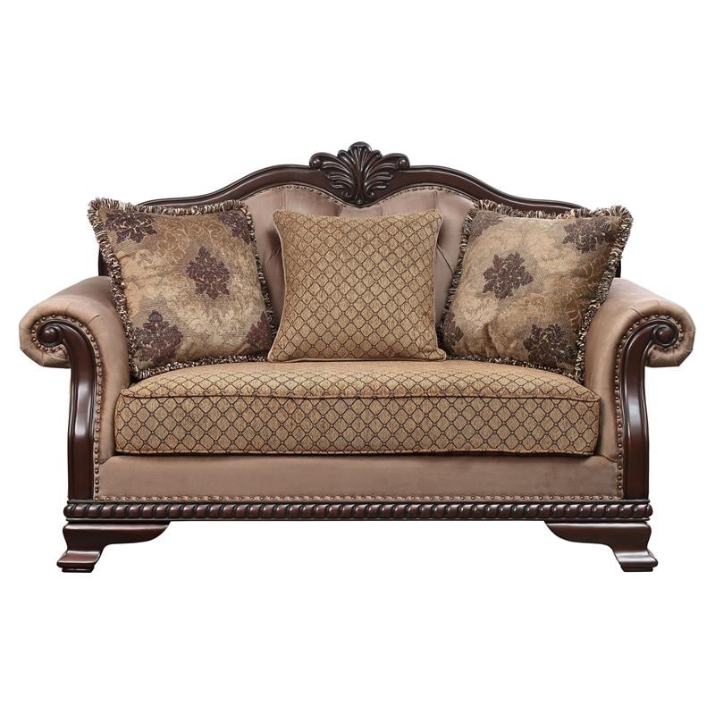 ACME Chateau De Ville Fabric Loveseat with 3 Pillows in Beige and Espresso