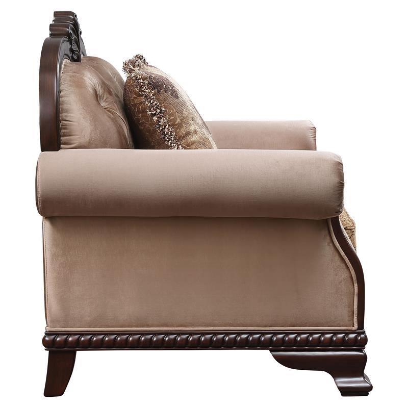 ACME Chateau De Ville Fabric Loveseat with 3 Pillows in Beige and Espresso