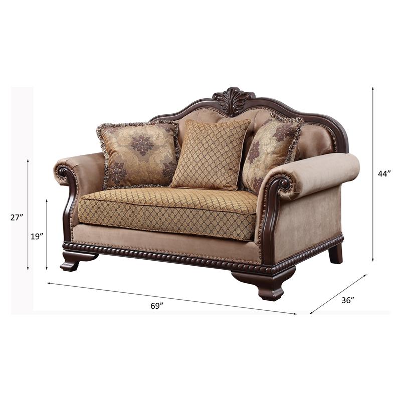 ACME Chateau De Ville Fabric Loveseat with 3 Pillows in Beige and Espresso