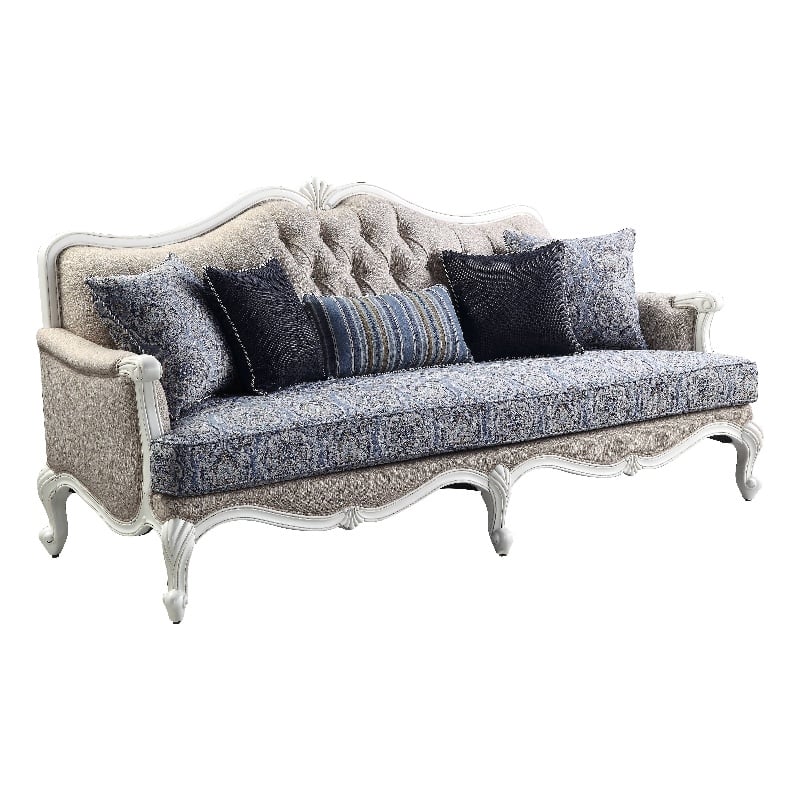 ACME Ciddrenar Fabric Tufted Sofa with 5 pillows in White