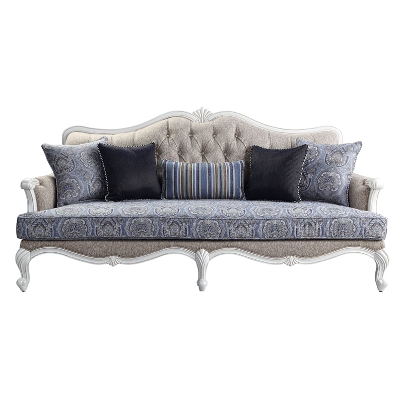 ACME Ciddrenar Fabric Tufted Sofa with 5 pillows in White