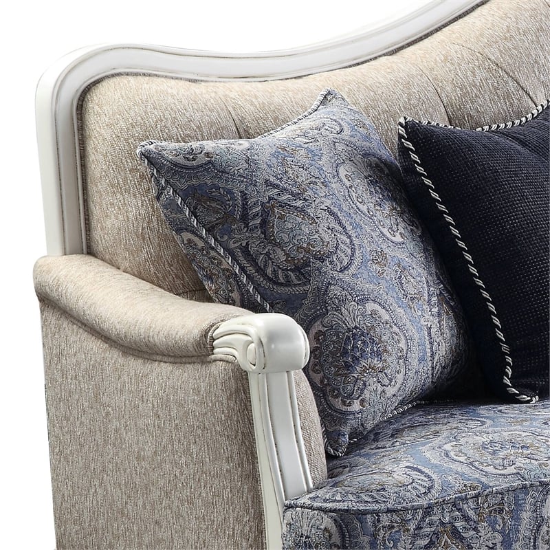 ACME Ciddrenar Fabric Tufted Sofa with 5 pillows in White