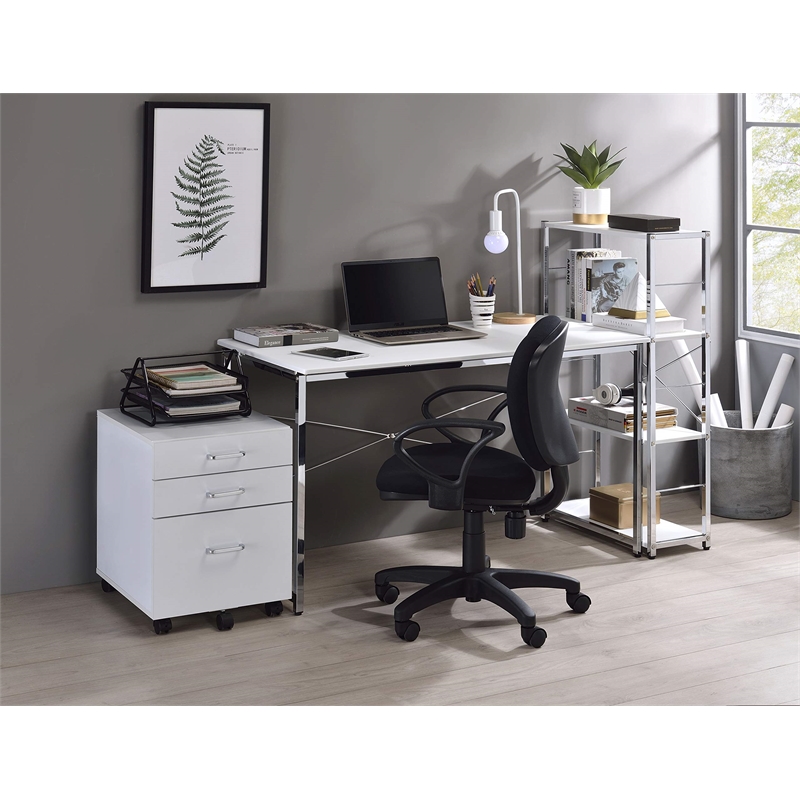 ACME Tennos Rectangular Metal Frame Writing Desk in White and Chrome