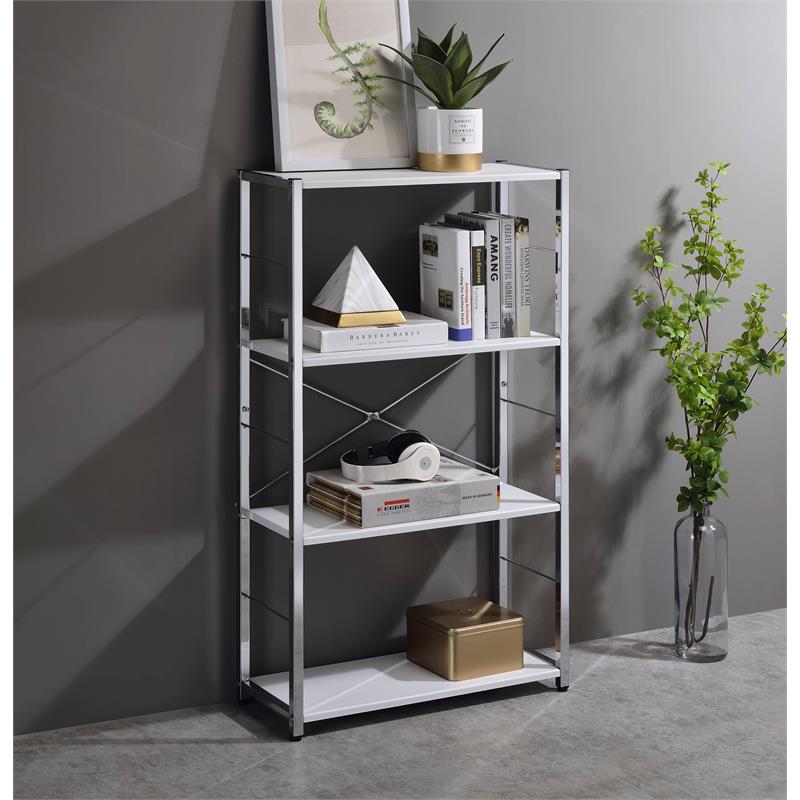 ACME Tennos 4 Wooden Shelves Bookshelf with Metal Frame in White and Chrome