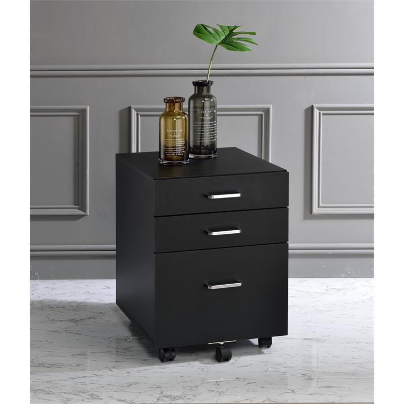 ACME Tennos Wooden 3-Drawer Cabinet with Casters in Black and Chrome