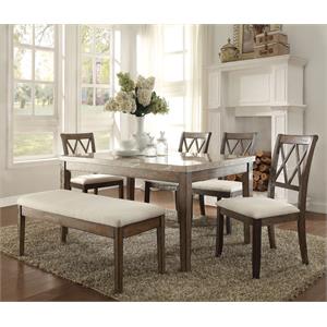 acme claudia dining table in white marble and salvage brown