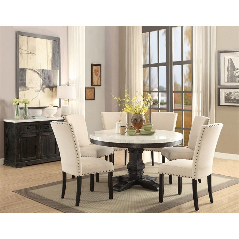 ACME Nolan Round Marble Top Dining Table in White and Salvage Dark Oak