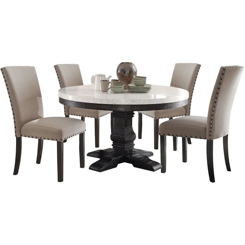 ACME Nolan Round Marble Top Dining Table in White and Salvage Dark Oak