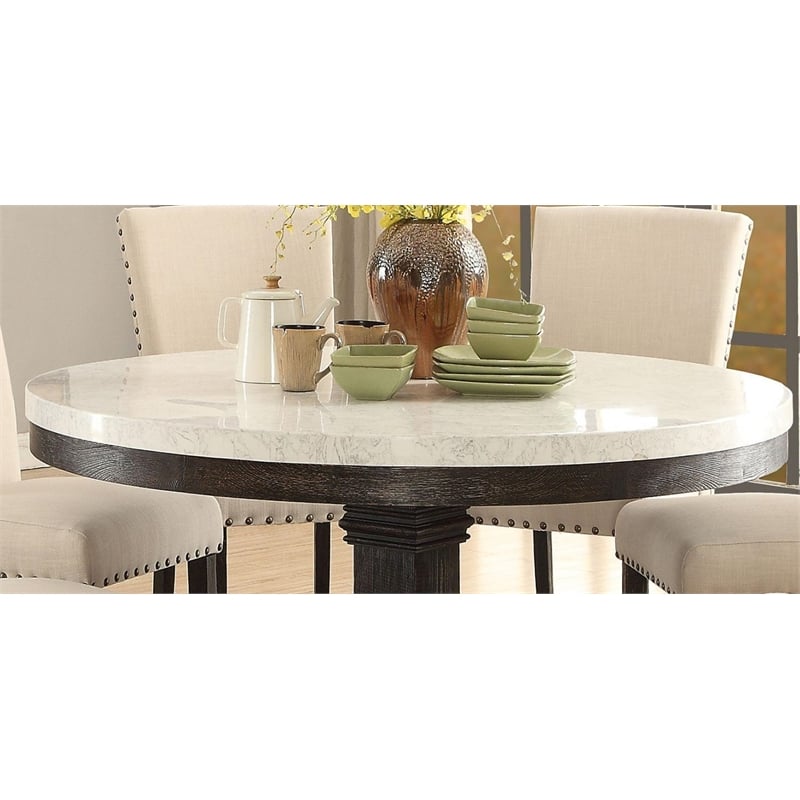 ACME Nolan Round Marble Top Dining Table in White and Salvage Dark Oak