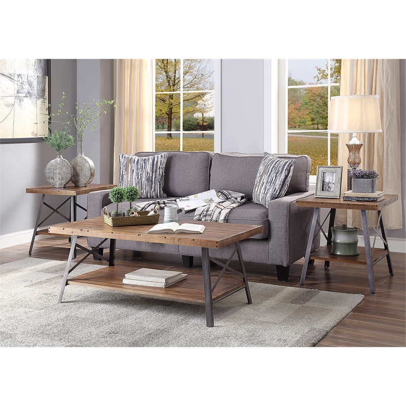 ACME Ikram 2 Pieces Wooden End Table with Shelf in Weathered Oak and Sandy Black