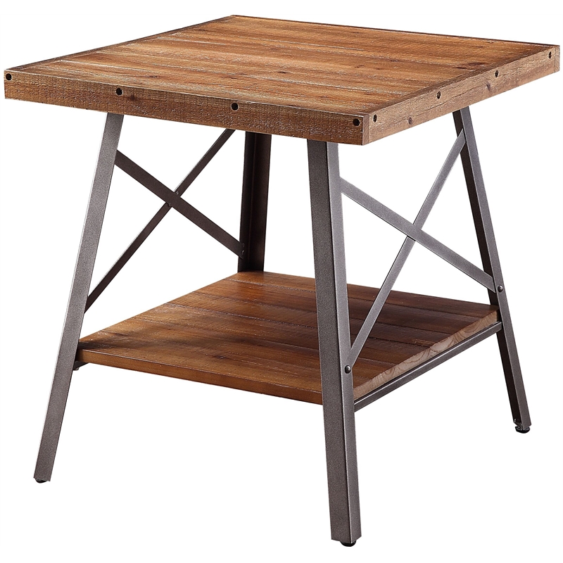 ACME Ikram 2 Pieces Wooden End Table with Shelf in Weathered Oak and Sandy Black
