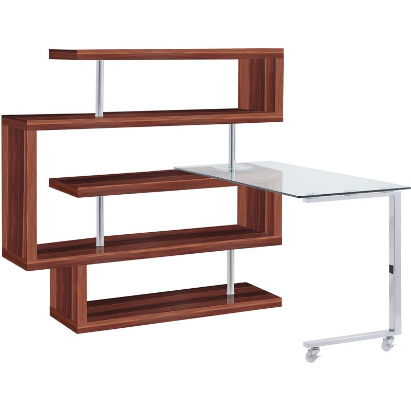 ACME Buck II Glass Top Writing Desk in Chrome and Walnut High Gloss