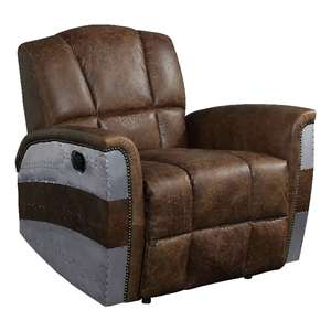 acme brancaster upholstered power recliner in retro brown leather and aluminum