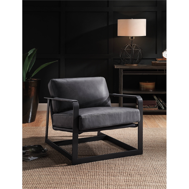 ACME Locnos Top Grain Leather Upholstered Accent Chair in Gray and Black