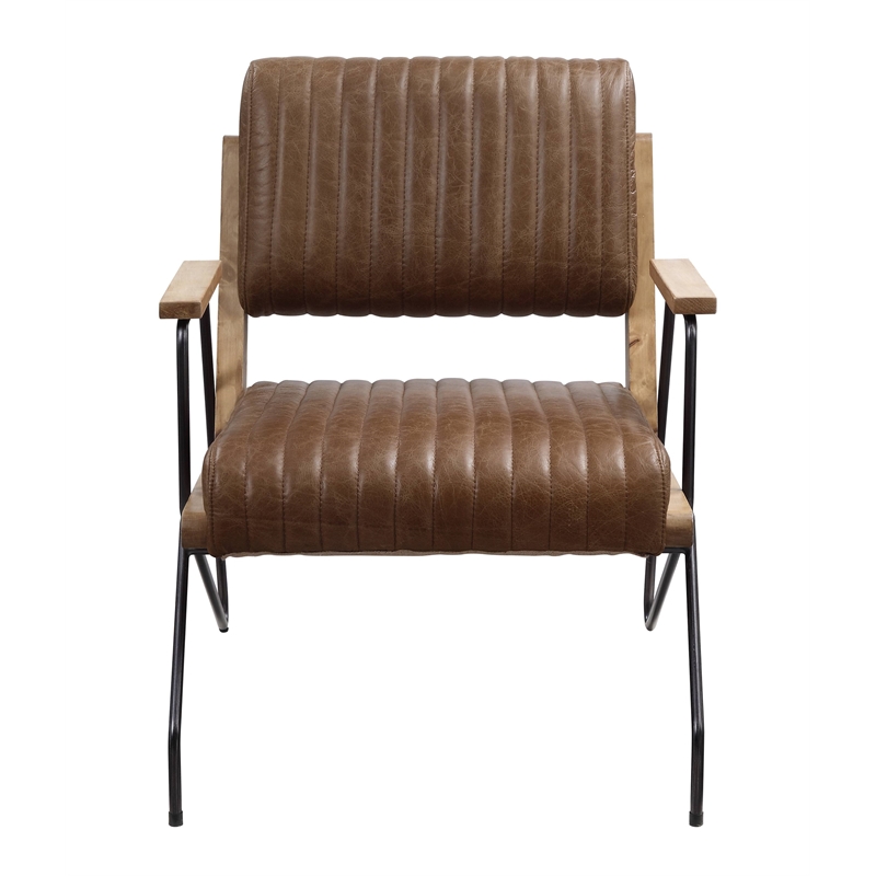ACME Eacnlz Upholstered Accent Chair in Cocoa Top Grain Leather and Matt Iron