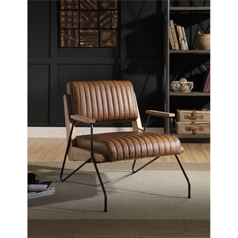 ACME Eacnlz Upholstered Accent Chair in Cocoa Top Grain Leather and Matt Iron