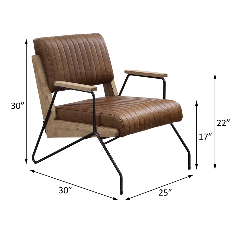 ACME Eacnlz Upholstered Accent Chair in Cocoa Top Grain Leather and Matt Iron