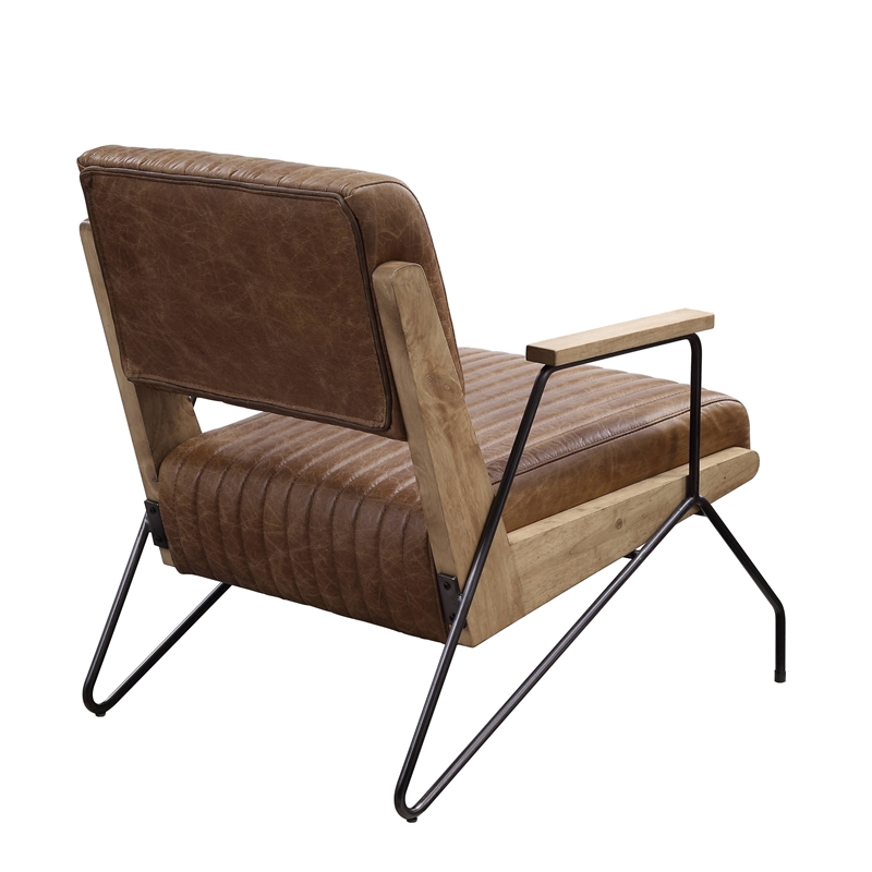 ACME Eacnlz Upholstered Accent Chair in Cocoa Top Grain Leather and Matt Iron