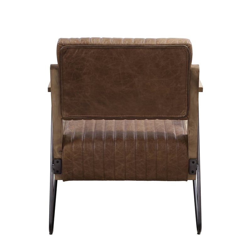 ACME Eacnlz Upholstered Accent Chair in Cocoa Top Grain Leather and Matt Iron