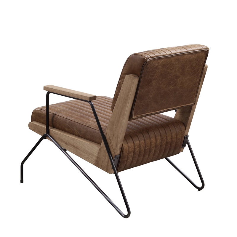 ACME Eacnlz Upholstered Accent Chair in Cocoa Top Grain Leather and Matt Iron