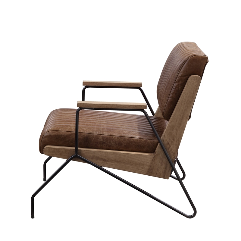 ACME Eacnlz Upholstered Accent Chair in Cocoa Top Grain Leather and Matt Iron