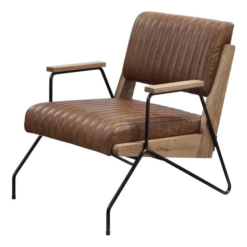 ACME Eacnlz Upholstered Accent Chair in Cocoa Top Grain Leather and Matt Iron