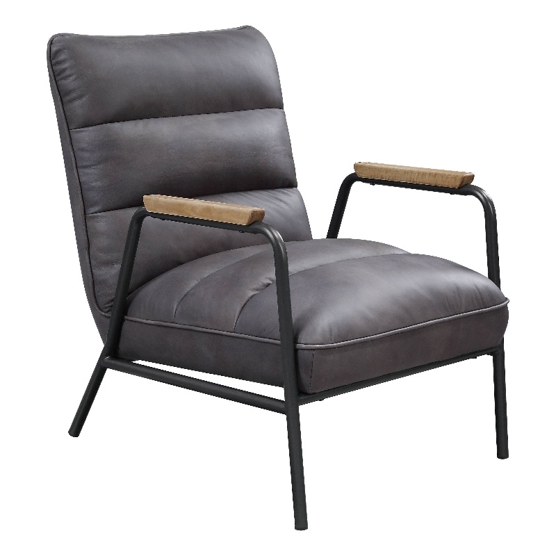 ACME Nignu Top Grain Leather Upholstered Accent Chair in Gray and Matt Iron
