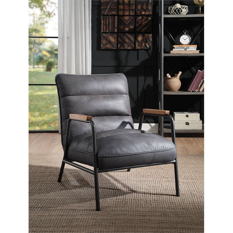 ACME Nignu Top Grain Leather Upholstered Accent Chair in Gray and Matt Iron