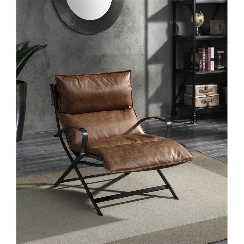 ACME Zulgaz Accent Chair in Cocoa Top Grain Leather and Matt Iron