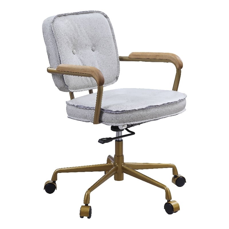 ACME Siecross Office Chair with Wooden Arm in Vintage White Top Grain Leather