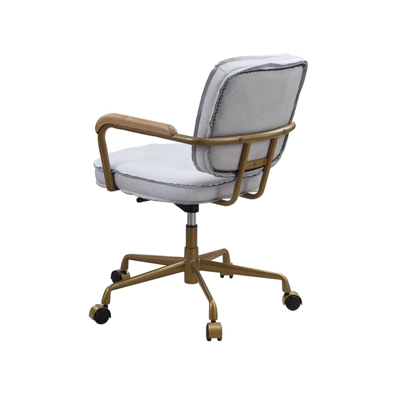ACME Siecross Office Chair with Wooden Arm in Vintage White Top Grain Leather