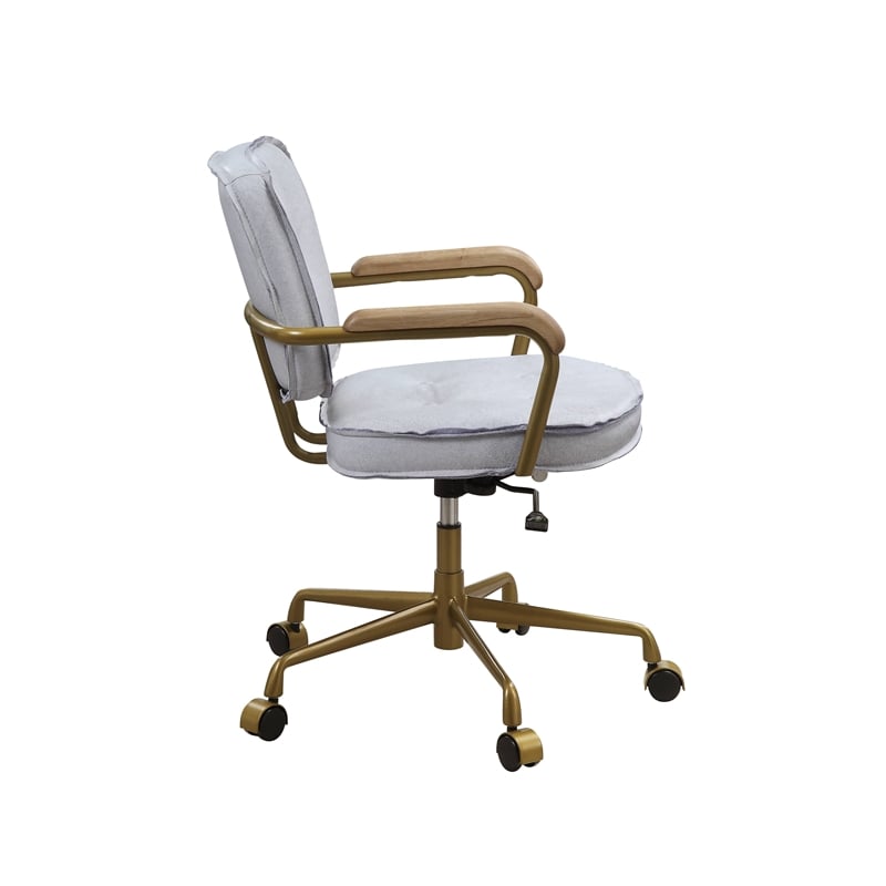 ACME Siecross Office Chair with Wooden Arm in Vintage White Top Grain Leather