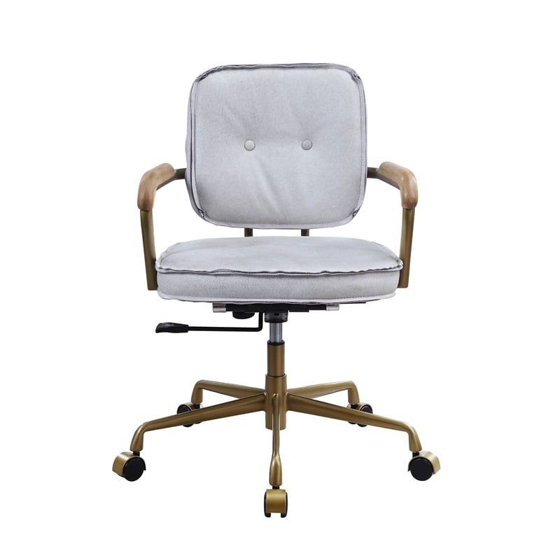 ACME Siecross Office Chair with Wooden Arm in Vintage White Top Grain Leather
