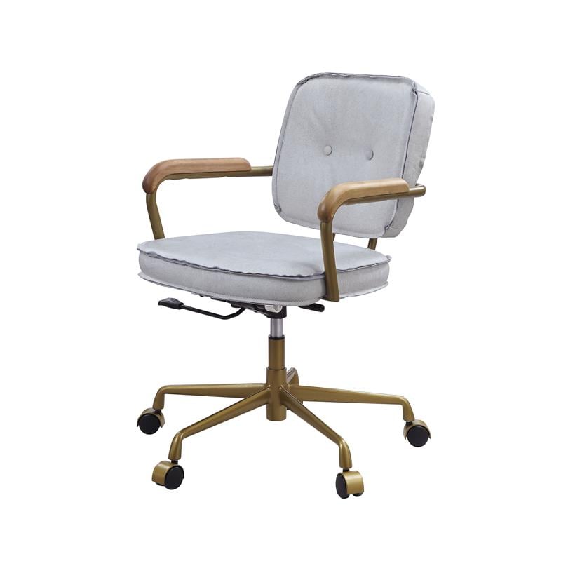 ACME Siecross Office Chair with Wooden Arm in Vintage White Top Grain Leather