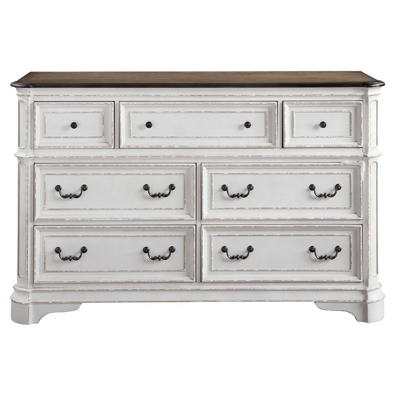 ACME Florian Rectangular Wooden Dresser with 7 Drawers in Antique White and Oak