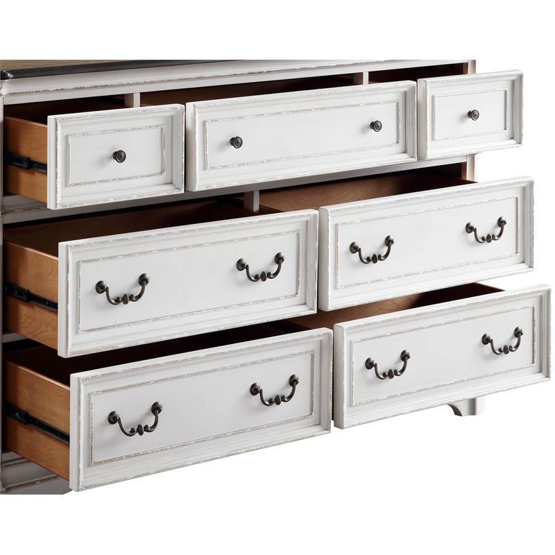 ACME Florian Rectangular Wooden Dresser with 7 Drawers in Antique White and Oak
