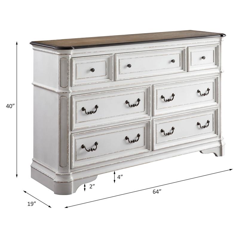 ACME Florian Rectangular Wooden Dresser with 7 Drawers in Antique White and Oak