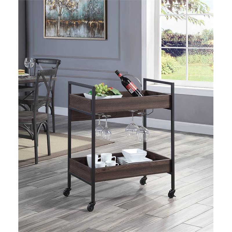 ACME Jerrick Wooden Serving Cart with 2 Shelves in Walnut and Black