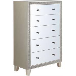 acme sliverfluff wooden chest with 5 storage drawers in mirrored and champagne