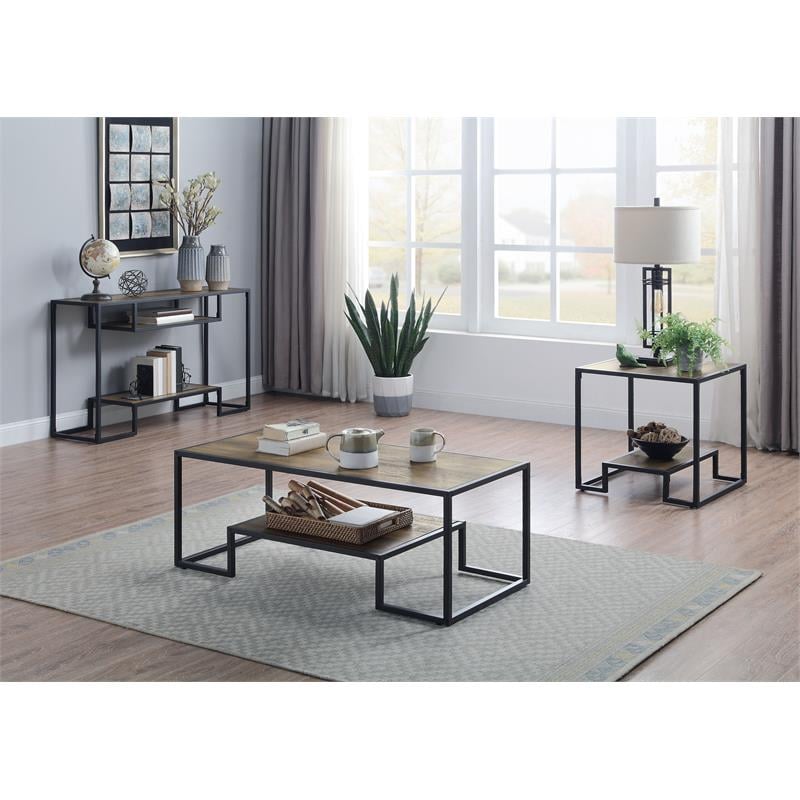 ACME Idella Wooden Coffee Table with 1 Tier Shelf in Rustic Oak and Black