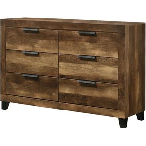 acme morales rectangular wooden dresser with 6 drawers in rustic oak