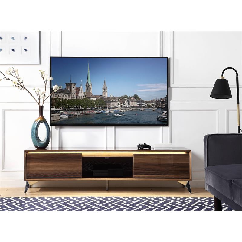 ACME Raceloma Wooden 2-Drawer TV Stand with LED Lighting in Walnut and Chrome